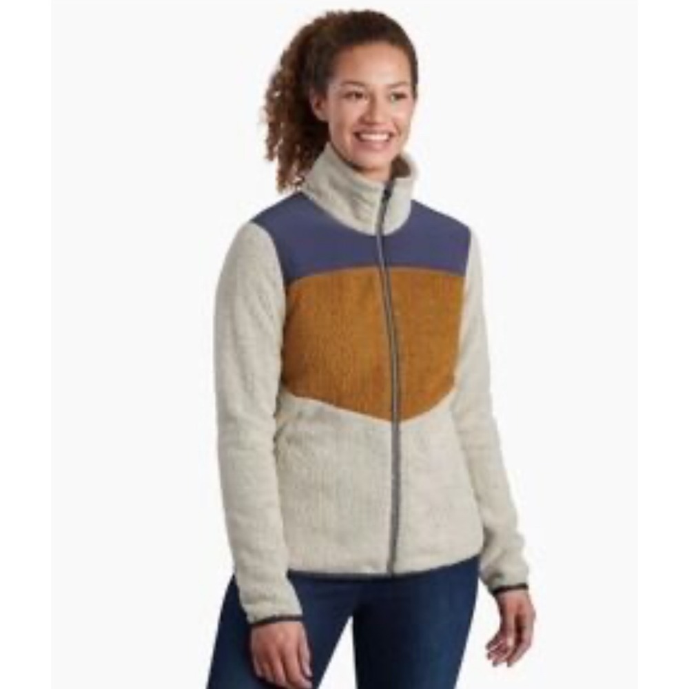 Kuhl Womens Large Fleece Jacket Full Zip Sherpa Colorblock Tan Navy Brown L